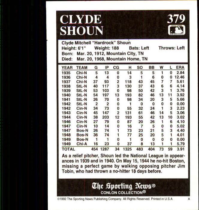 1992 Conlon TSN #379 Clyde Shoun back image