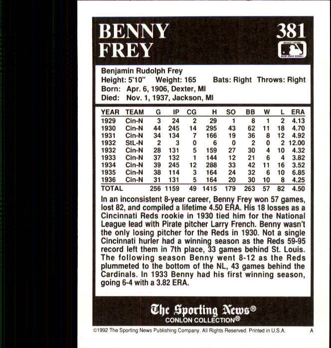 1992 Conlon TSN #381 Benny Frey back image