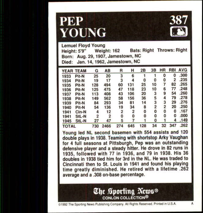 1992 Conlon TSN #387 Pep Young back image