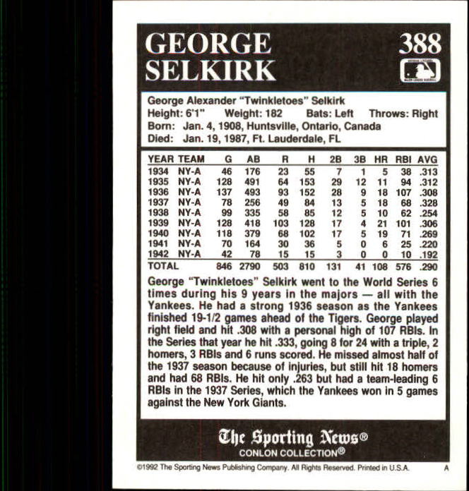 1992 Conlon TSN #388 George Selkirk back image