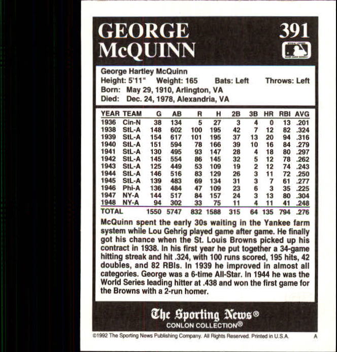 1992 Conlon TSN #391 George McQuinn back image