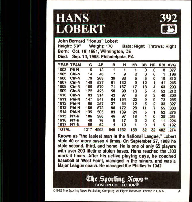 1992 Conlon TSN #392 Hans Lobert back image