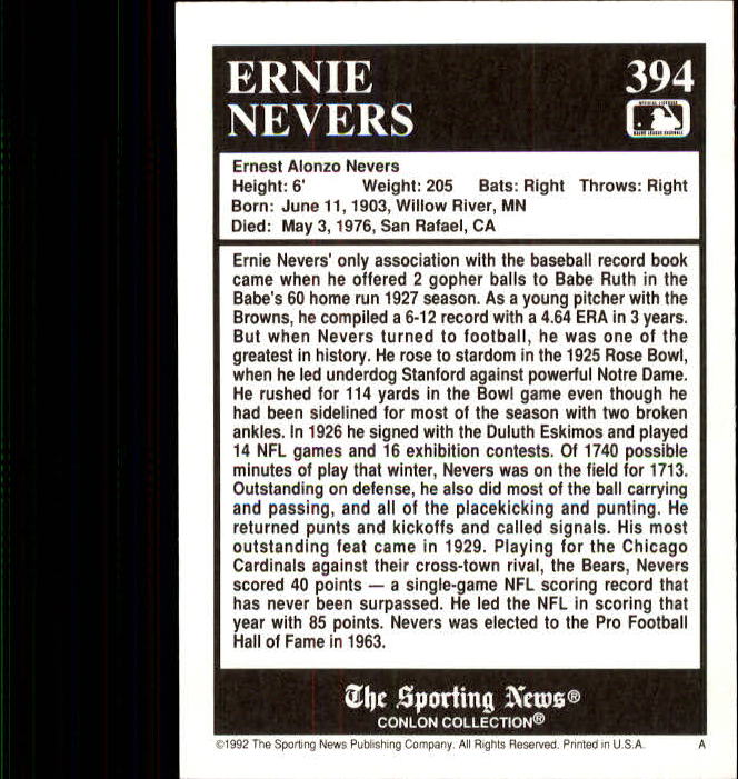 1992 Conlon TSN #394 Ernie Nevers back image