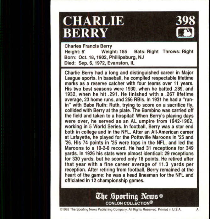 1992 Conlon TSN #398 Charlie Berry back image