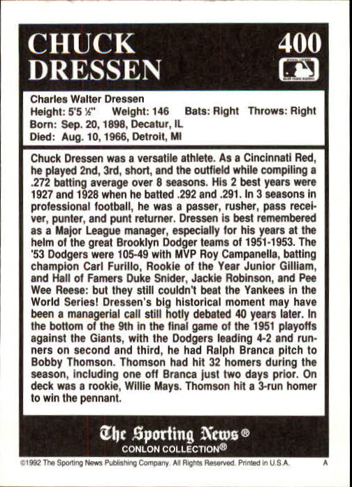 1992 Conlon TSN #400 Chuck Dressen back image