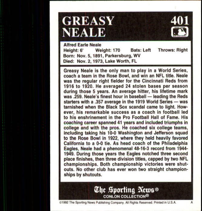 1992 Conlon TSN #401 Greasy Neale back image