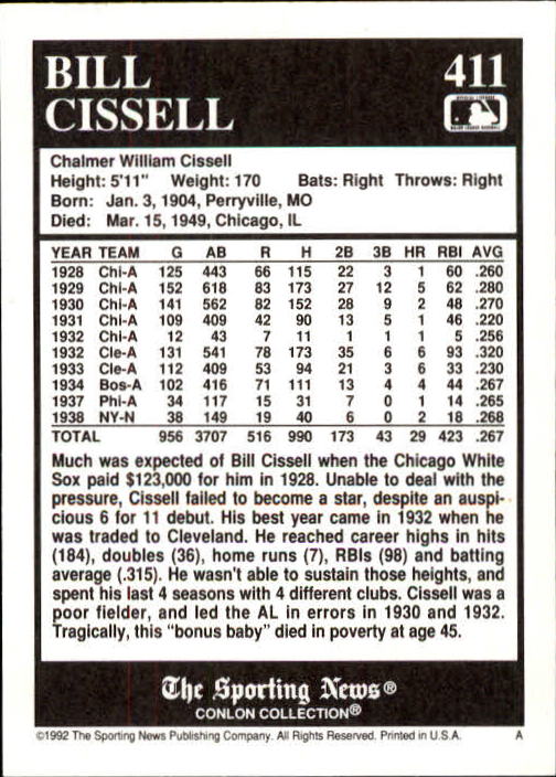 1992 Conlon TSN #411 Bill Cissell back image