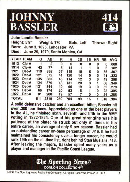 1992 Conlon TSN #414 Johnny Bassler back image