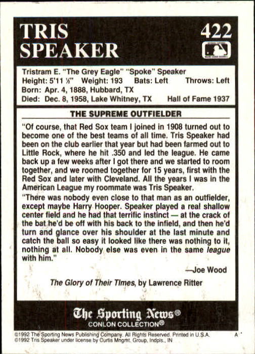 1992 Conlon TSN #422 Tris Speaker back image