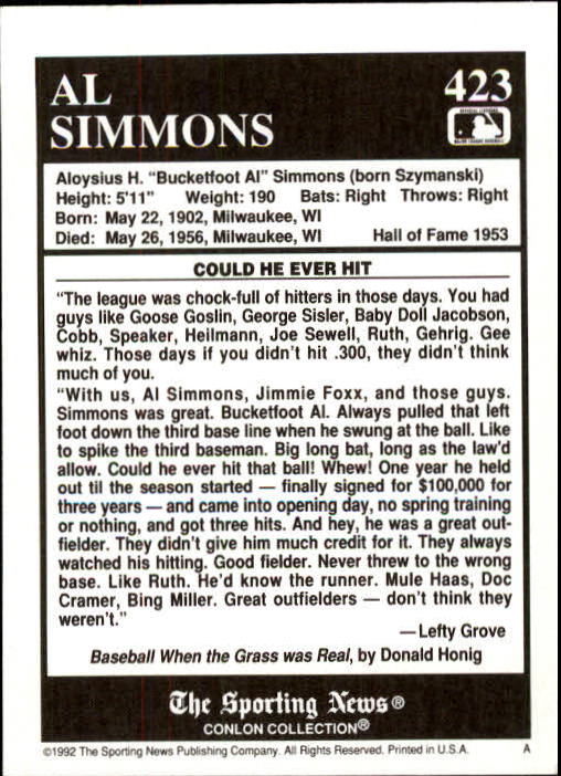 1992 Conlon TSN #423 Al Simmons back image