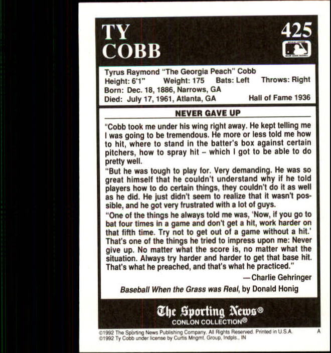 1992 Conlon TSN #425 Ty Cobb back image