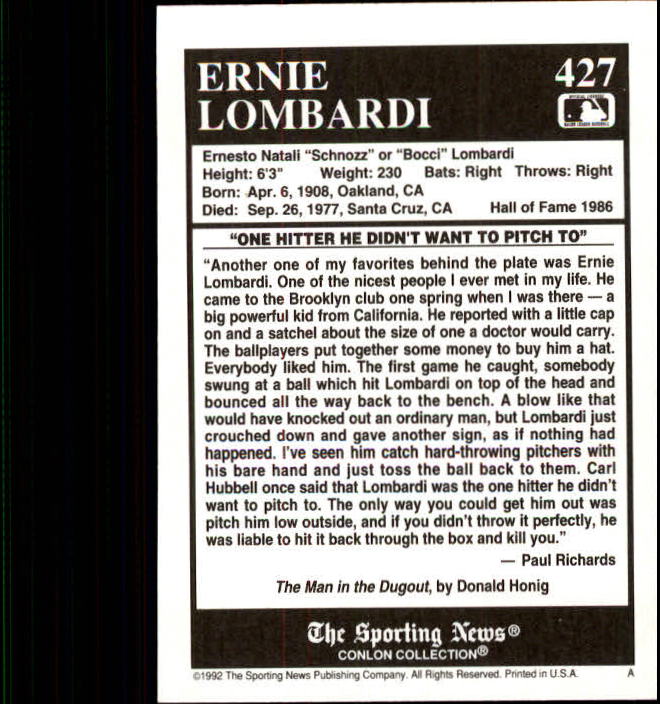 1992 Conlon TSN #427 Ernie Lombardi back image