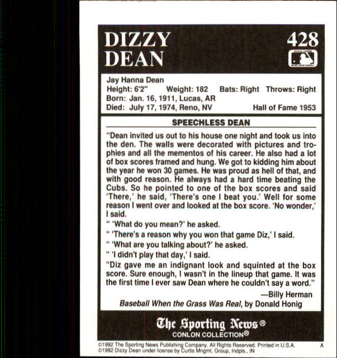 1992 Conlon TSN #428 Dizzy Dean back image