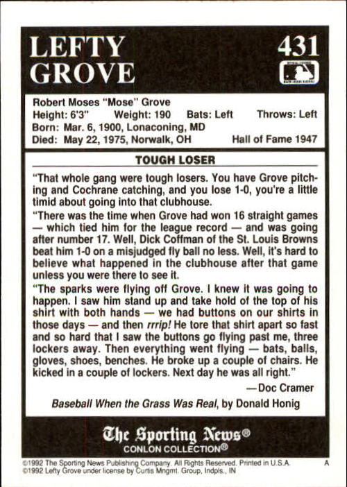 1992 Conlon TSN #431 Lefty Grove back image