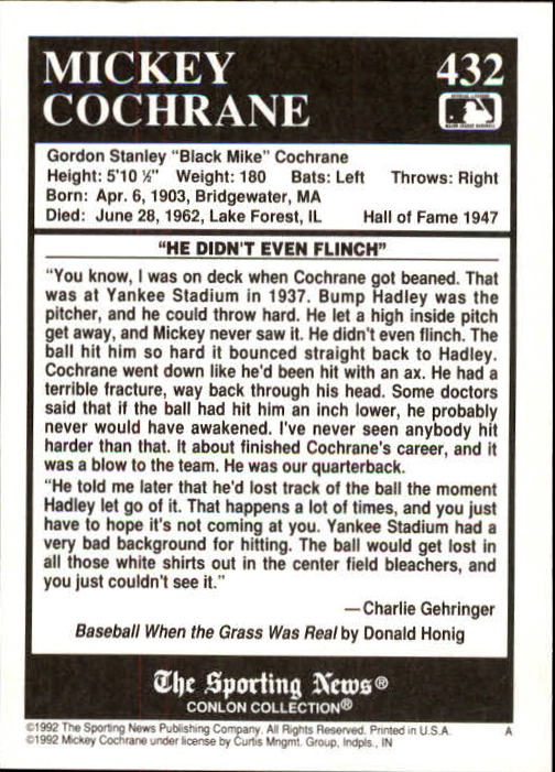 1992 Conlon TSN #432 Mickey Cochrane back image