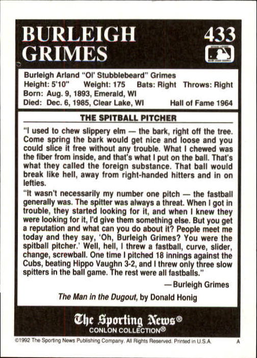 1992 Conlon TSN #433 Burleigh Grimes back image