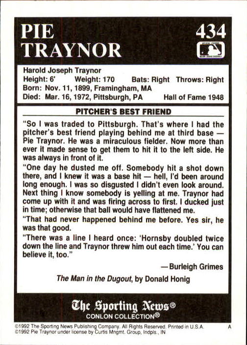 1992 Conlon TSN #434 Pie Traynor back image