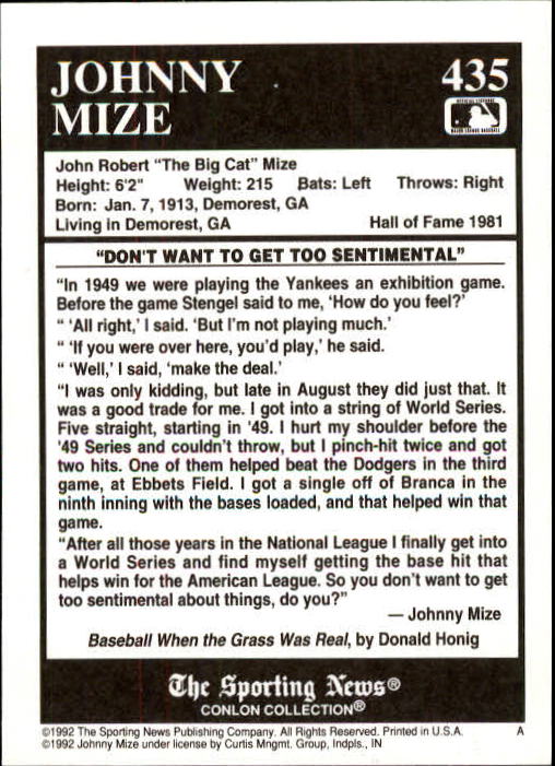 1992 Conlon TSN #435 Johnny Mize back image