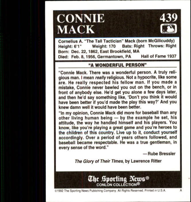 1992 Conlon TSN #439 Connie Mack back image