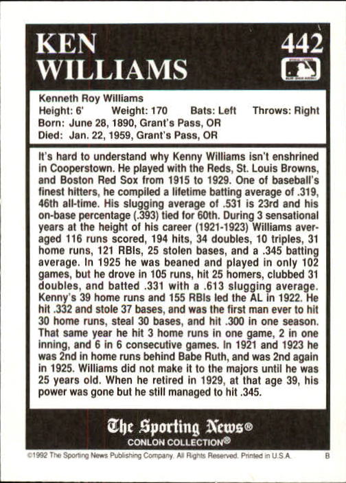 1992 Conlon TSN #442 Ken Williams back image