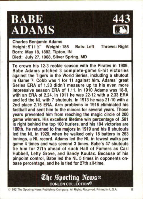 1992 Conlon TSN #443 Babe Adams back image
