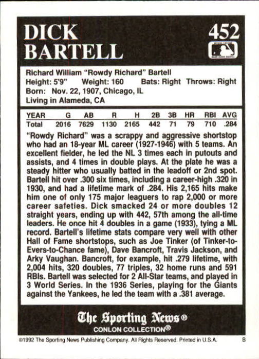 1992 Conlon TSN #452 Dick Bartell back image
