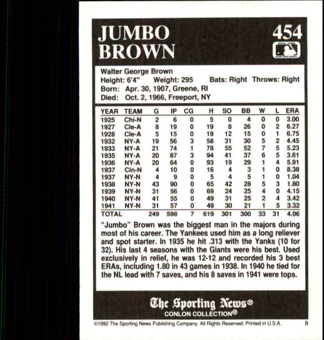 1992 Conlon TSN #454 Jumbo Brown back image