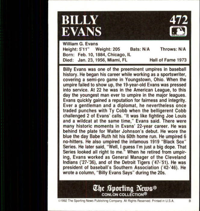 1992 Conlon TSN #472 Billy Evans back image