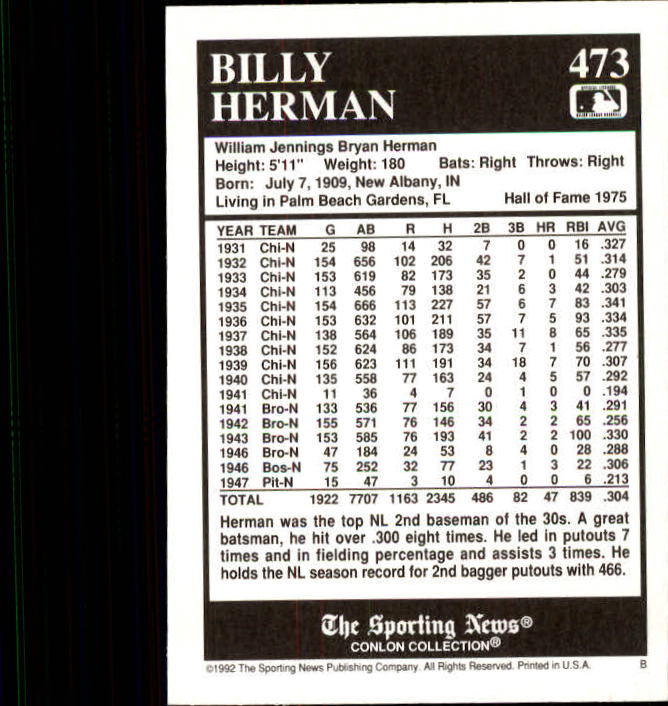 1992 Conlon TSN #473 Billy Herman back image