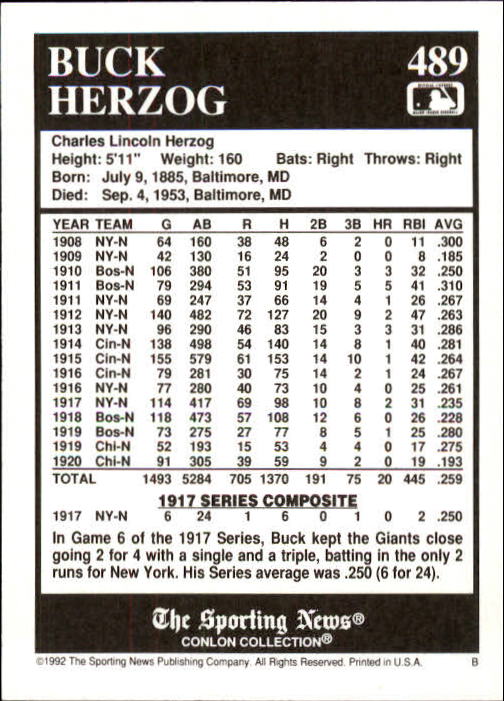 1992 Conlon TSN #489 Buck Herzog back image
