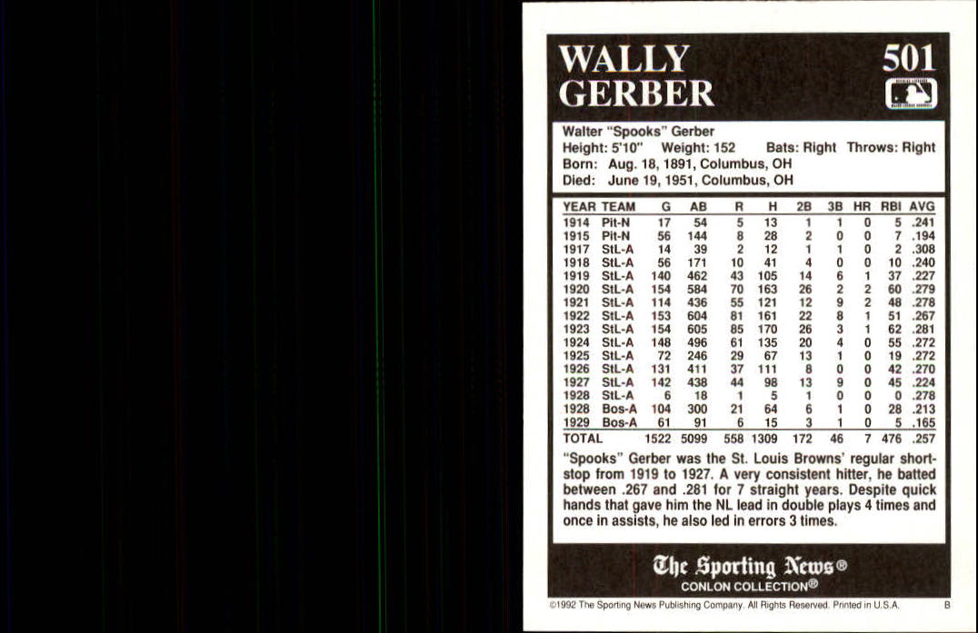 1992 Conlon TSN #501 Wally Gerber back image