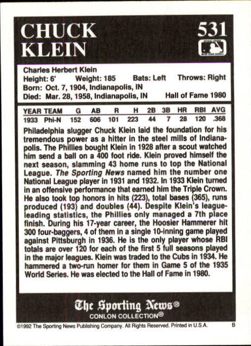 1992 Conlon TSN #531 Chuck Klein back image