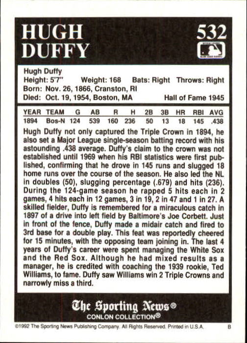 1992 Conlon TSN #532 Hugh Duffy back image