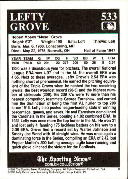 1992 Conlon TSN #533 Lefty Grove back image