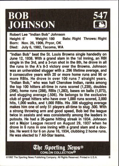 1992 Conlon TSN #547 Bob Johnson back image