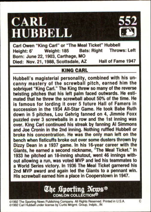 1992 Conlon TSN #552 Carl Hubbell back image