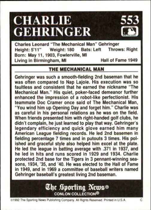 1992 Conlon TSN #553 Charlie Gehringer back image