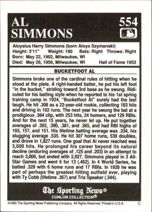 1992 Conlon TSN #554 Al Simmons back image