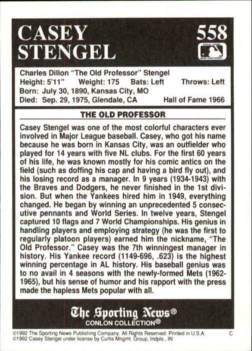 1992 Conlon TSN #558 Casey Stengel back image