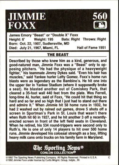 1992 Conlon TSN #560 Jimmie Foxx back image