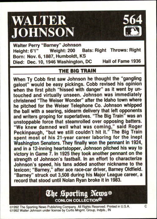 1992 Conlon TSN #564 Walter Johnson back image