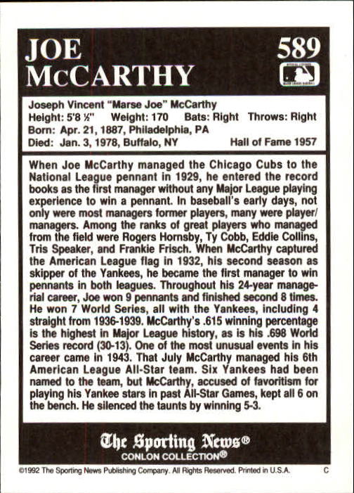 1992 Conlon TSN #589 Joe McCarthy back image