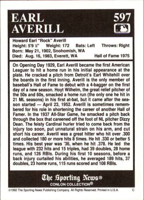 1992 Conlon TSN #597 Earl Averill back image