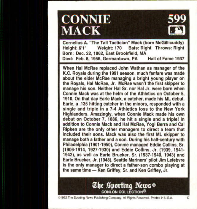 1992 Conlon TSN #599 Connie Mack back image