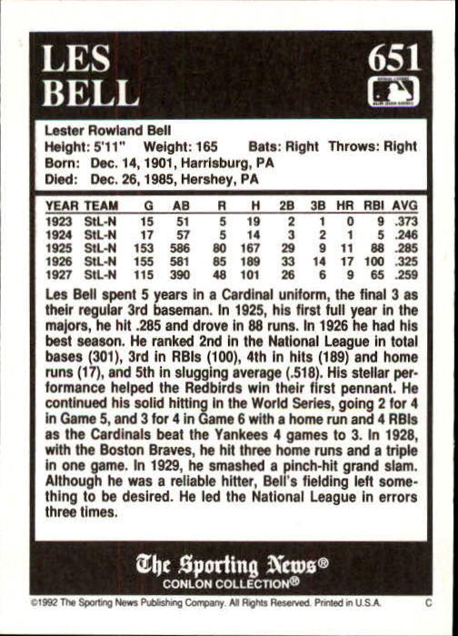 1992 Conlon TSN #651 Les Bell back image