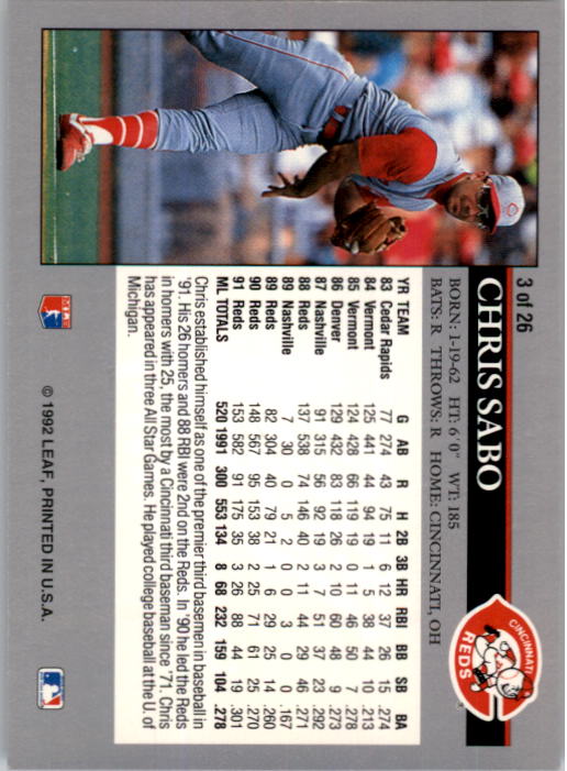 1992 Leaf Previews #3 Chris Sabo back image