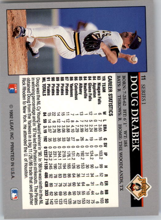 1992 Leaf #11 Doug Drabek back image