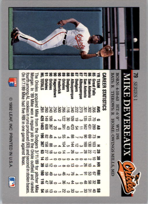 1992 Leaf #79 Mike Devereaux back image
