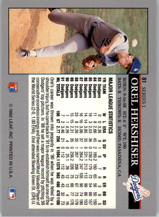 1992 Leaf #81 Orel Hershiser back image