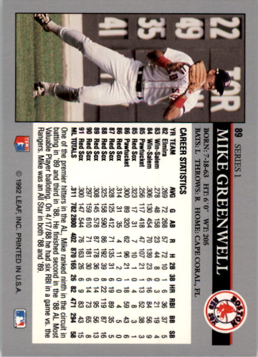 1992 Leaf #89 Mike Greenwell back image